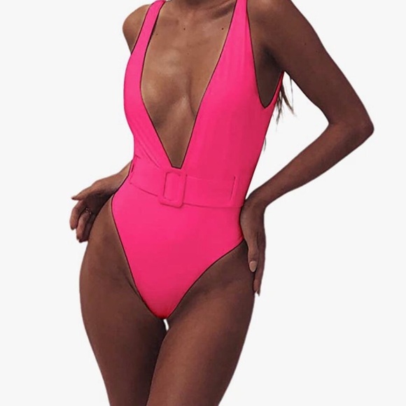 Barbie Pink Deep Plunge One Piece w/ Attached Belt - Sz S - Picture 3 of 7